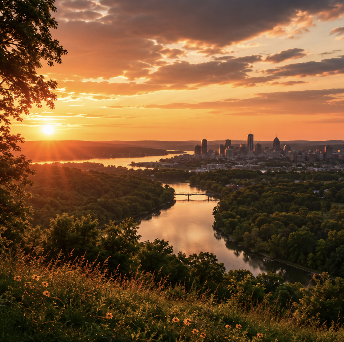 golden hour view over the river and city skyline