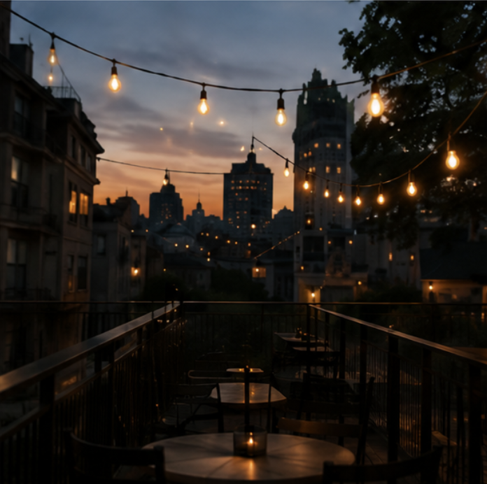rooftop string lights overlooking the city at dusk